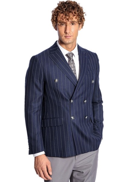 Kruvaze Slim Fit Çizgili Lacivert Erkek Ceket