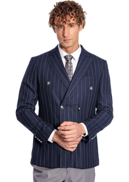Kruvaze Slim Fit Çizgili Lacivert Erkek Ceket modelleri