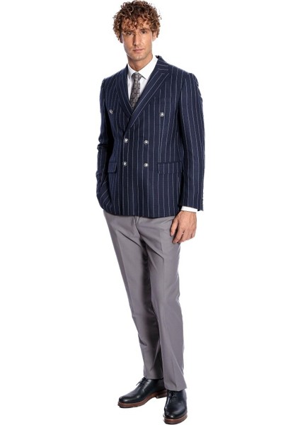 Kruvaze Slim Fit Çizgili Lacivert Erkek Ceket fırsatları