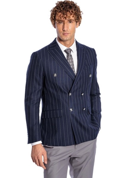 Kruvaze Slim Fit Çizgili Lacivert Erkek Ceket indirimleri