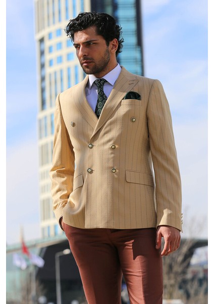 Kruvaze Slim Fit Çizgili Krem Erkek Ceket