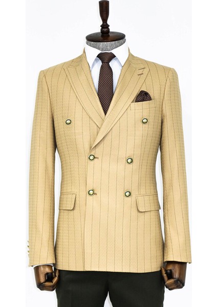 Kruvaze Slim Fit Çizgili Krem Erkek Ceket modelleri
