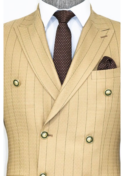 Kruvaze Slim Fit Çizgili Krem Erkek Ceket fırsatları