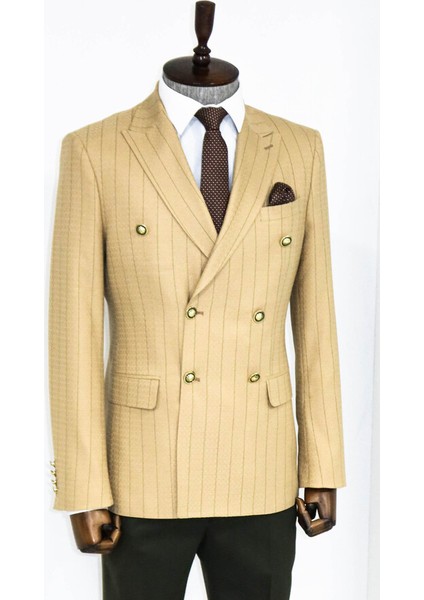 Kruvaze Slim Fit Çizgili Krem Erkek Ceket indirimleri