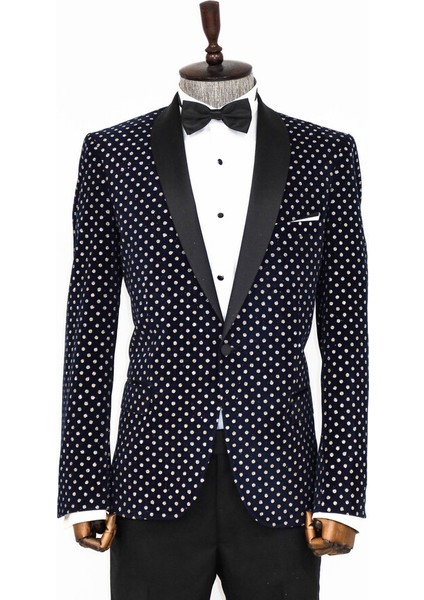 Nokta Desenli Slim Fit Lacivert Erkek Smokin Ceket