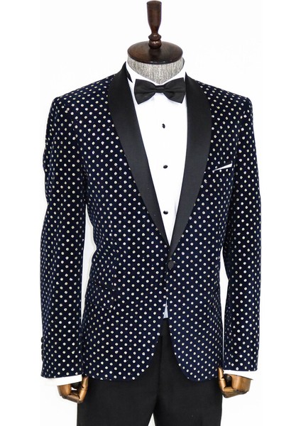 Nokta Desenli Slim Fit Lacivert Erkek Smokin Ceket modelleri