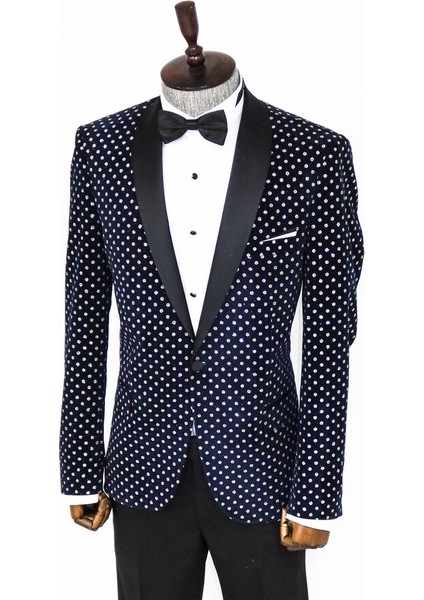 Nokta Desenli Slim Fit Lacivert Erkek Smokin Ceket indirimleri
