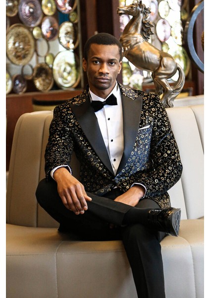 Mini Çiçek Desenli Siyah Erkek Smokin Ceket