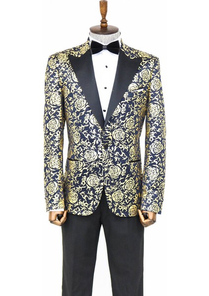 Gold Gül Desenli Slim Fit Lacivert Erkek Smokin Ceket indirimleri
