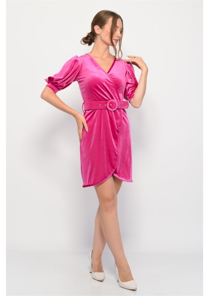 Kadife Kruvaze Yaka Kısa Balon Kol Mini Elbise Pembe