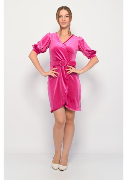 Kadife Kruvaze Yaka Kısa Balon Kol Mini Elbise Pembe fırsatları