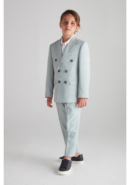 Erkek Çocuk Kruvaze Çizgili Takım Elbise (Su Yeşili) - Üçlü Takım (Pantolon,gömlek,ceket)