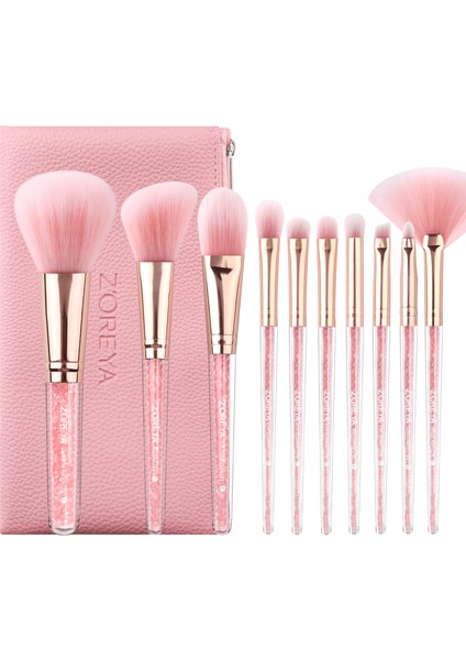 10 Lu Süper Yumuşak Kristal Makyaj Fırça Seti + Fermuarlı Pembe Çanta
