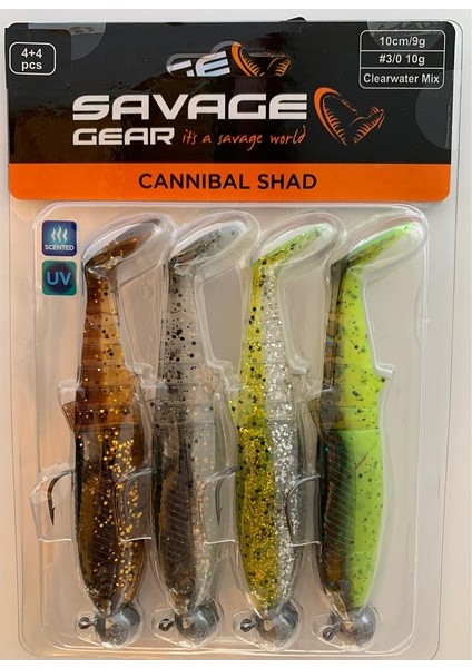 Cannibal Shad 10CM 9GR+10GR #3/0 Clear Water 4+4 Adet Silikon Seti fiyatları
