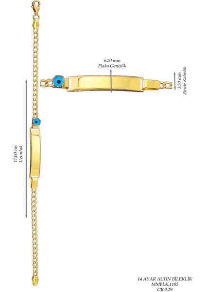 Çocuk 14 Ayar Altın Nazar Göz Taşlı Künye Bileklik