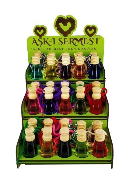 Aşk-I Sermest Yeşil Ahşap Standlı 30 Adet 8 ml Ölümsüz Aşk Ixiri Araç Parfümü Oto Araba Kokusu