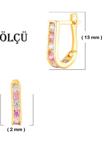 Moom Mücevherat Kadın 14 Ayar Altın Küpe Minimalist Zirkon Taşlı Pembe Modern Altın Küpe 13 mm