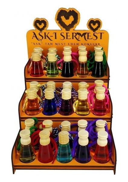 Aşk-I Sermest Turuncu Ahşap Standlı 30 Adet 12 ml Mango & Kavun Araç Parfümü Oto Araba Kokusu