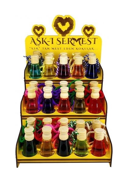 Aşk-I Sermest Sarı Ahşap Standlı 90 Adet 8 ml Hindistan Cevizi & Yasemin Araç Parfümü Oto Araba Kokusu