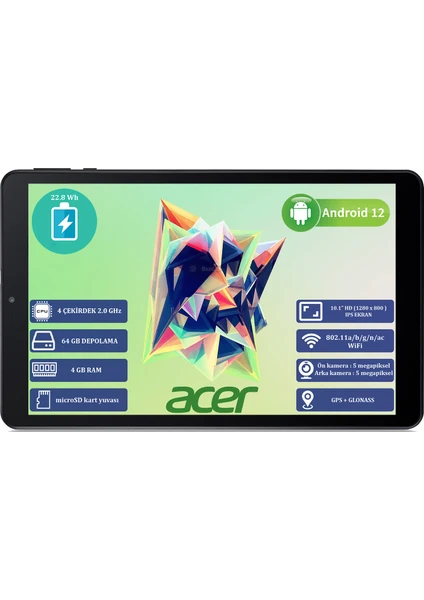 Iconia A10 4 GB Ram 64 GB SSD 10.1" Hd (1280 x 800 ) IPS Yeni Nesil Android Tablet NT.LG0EY.001