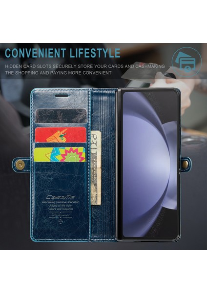 Caseme Samsung Galaxy Z Fold5 Için Çılgın At Doku Deri Telefon Kılıf - Mavi-Yeşil (Yurt Dışından)