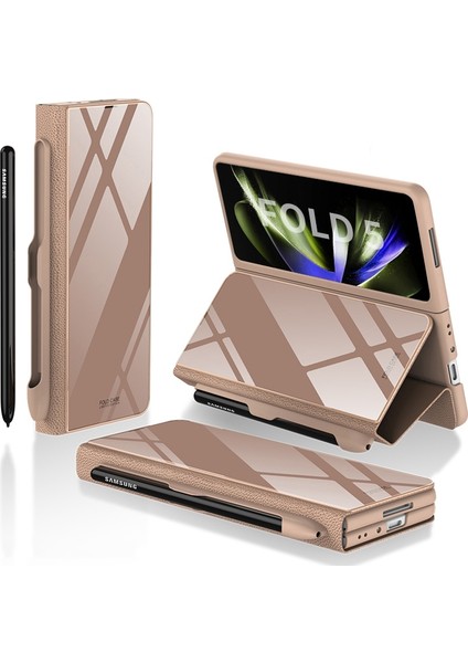 Gkk Samsung Galaxy Z Fold5 Için Temperli Gl + Deri Telefon Kılıf - Altın (Yurt Dışından)