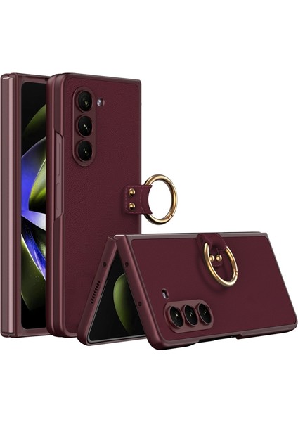 Samsung Galaxy Z Fold5 Için Yüzük ile Pc + Pu Telefon Kılıfı - Koyu Kırmızı (Yurt Dışından)