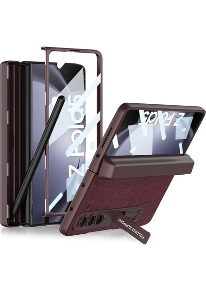 Samsung Galaxy Z Fold5 Için Kalem Yuvalı Pu Telefon Kılıfı - Koyu Kırmızı (Yurt Dışından)