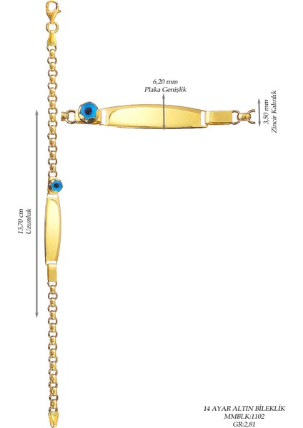 Çocuk 14 Ayar Altın Nazar Göz Taşlı Künye Bileklik