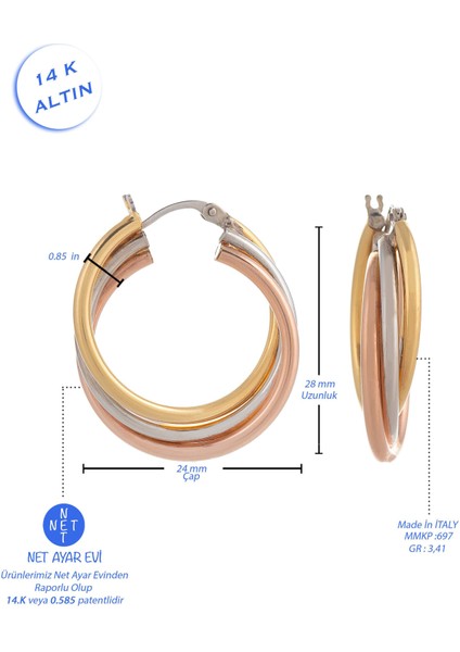 Kadın Italyan3 Renkli Rose Beyaz Yeşil Halka Küpe 14 Ayar Altın (2,8 CM)-MMKP697 modelleri