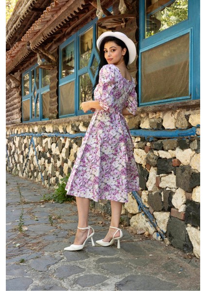 Pembe Pastel Çiçekli Kare Yaka Karpuz Kol Kloş Elbise modelleri