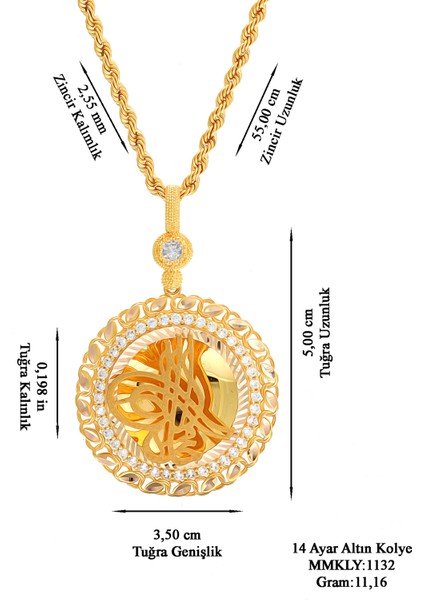 Kadın 14 Ayar Altın Osmanlı Tuğrası Halat Zincirle Birlikte modelleri