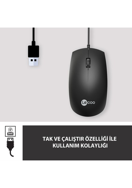 Lenovo Lecoo MS100 USB Kablolu 1000 DPI 3 Tuşlu Sağ / Sol El ile Kullanıma Uygun Optik Mouse Siyah