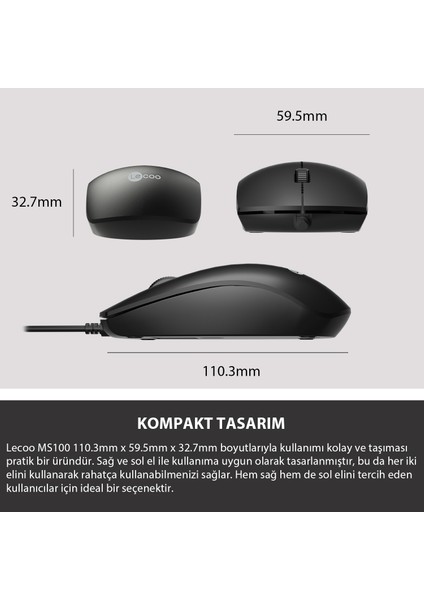 Lenovo Lecoo MS100 USB Kablolu 1000 DPI 3 Tuşlu Sağ / Sol El ile Kullanıma Uygun Optik Mouse Siyah