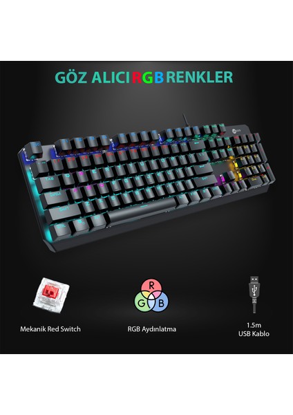 GK301 Makro Tuşlu USB Kablolu RGB LED Aydınlatmalı Red Switch Gaming Mekanik Türkçe Q Klavye Metalik Gri