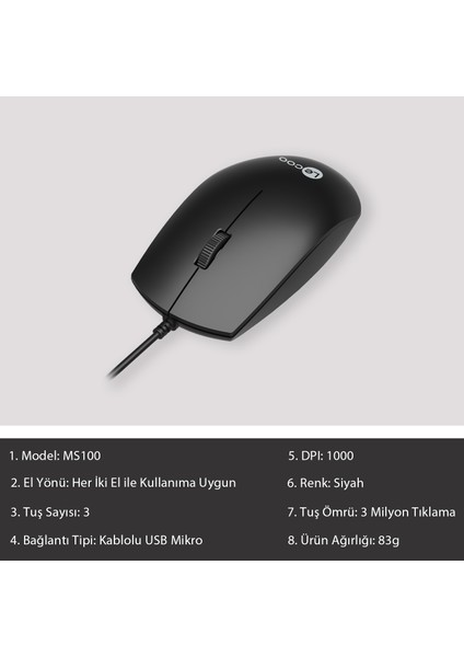 Lenovo Lecoo MS100 USB Kablolu 1000 DPI 3 Tuşlu Sağ / Sol El ile Kullanıma Uygun Optik Mouse Siyah