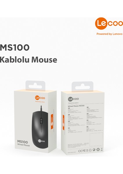 Lenovo Lecoo MS100 USB Kablolu 1000 DPI 3 Tuşlu Sağ / Sol El ile Kullanıma Uygun Optik Mouse Siyah