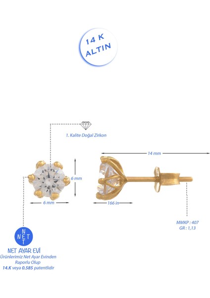 Kadın Tek Taş Küpe 14 Ayar Altın