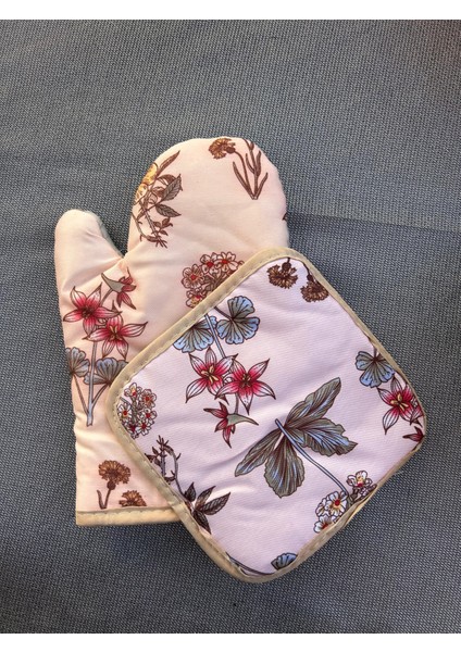 Fırın Eldiveni ve Tencere Tutacağı Kalınlaştırılmış 2'li Set Çiçekli