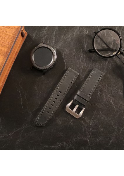 Samsung Galaxy Watch 4 5 6 / Watch 6 Classic 40MM 43MM 44MM 47MM Watch 5 Watch 5 Pro 40MM 44MM 45MM Watch 4 40MM 42MM 44MM 46MM Oval Uçlu Deri Kordon 20MM Hakiki Deri Kayış Siyah