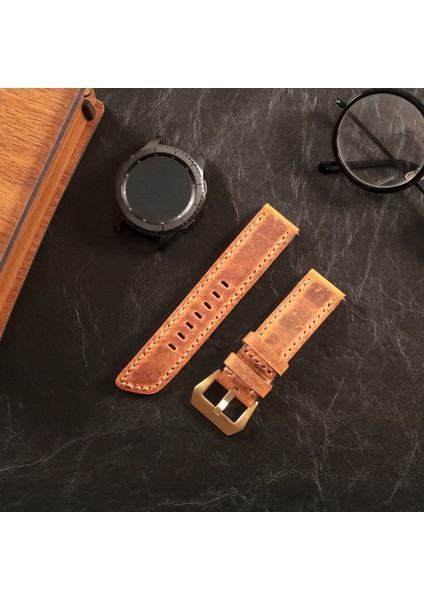 Samsung Galaxy Watch 4 5 6 / Watch 6 Classic 40MM 43MM 44MM 47MM Watch 5 Watch 5 Pro 40MM 44MM 45MM Watch 4 40MM 42MM 44MM 46MM Oval Uçlu Deri Kordon 20MM Hakiki Deri Kayış Hardal