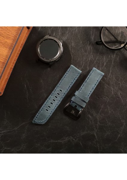 Samsung Galaxy Watch 4 5 6 / Watch 6 Classic 40MM 43MM 44MM 47MM Watch 5 Watch 5 Pro 40MM 44MM 45MM Watch 4 40MM 42MM 44MM 46MM Oval Uçlu Deri Kordon 20MM Hakiki Deri Kayış Mavi modelleri