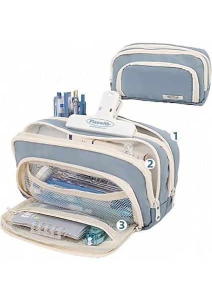 3 Bölmeli Büyük Kapasiteli Kalem Kutusu - Mavi (Yurt Dışından)