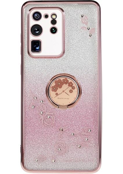 Samsung Galaxy S20 Ultra Gradient Glitter Rhinestone Dekor Dekor Desen Telefon Kapak Çizgisi Altın (Yurt Dışından)