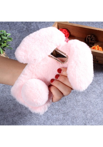 Samsung Galaxy S10 Için Tavşan Şekli Kabarık Kürk Kaplı Rhinestone Tpu Kılıfı - Pembe (Yurt Dışından)