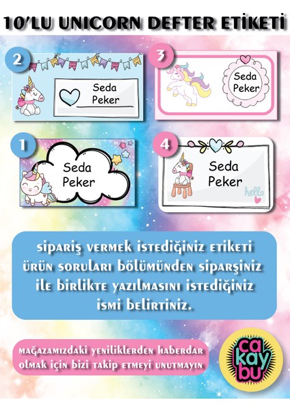1 Sayfa Unicorn Okul Defter Etiket Sticker