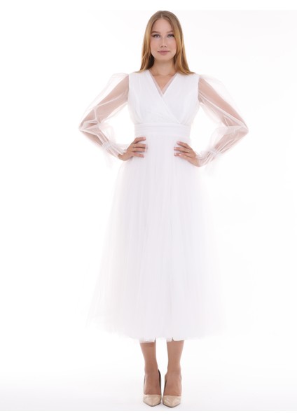 Önü Kruvaze Uzun Kol Tül Abiye Elbise modelleri