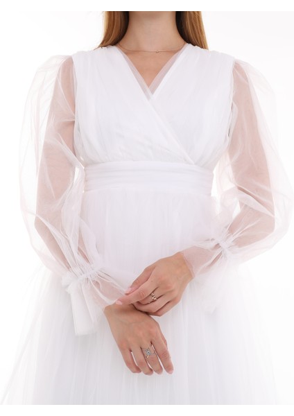 Önü Kruvaze Uzun Kol Tül Abiye Elbise indirimleri