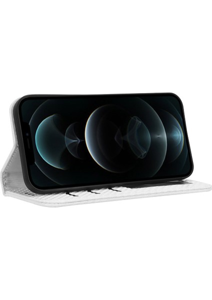 Iphone 12 Pro Max Telefon Kılıfı Bırak-Kötü Telefon Kılıfı Pu Deri Manyetik Otomatik Emzik Flip Cüzdan Kapak Stand Stand Izgara Dokusu Cep Telefonu Kabuk-Beyaz (Yurt Dışından)