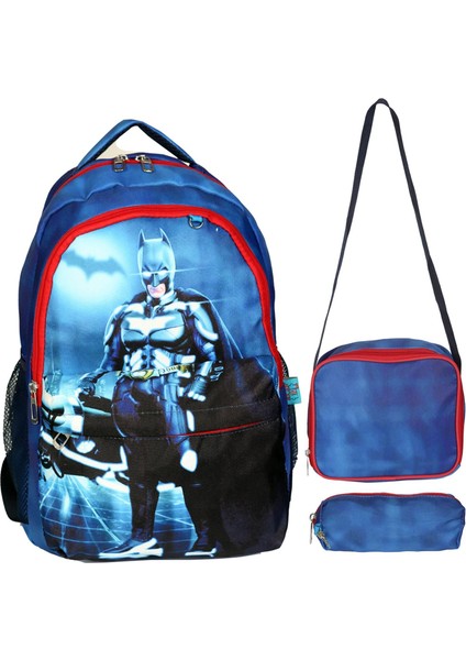 Ilkokul Okul Ortaokul Sırt Çantası Kız Erkek Unisex Beslenme Çantalı Kalemlikli Ortopedik 3lü Set Süper Kahraman Okul Çanta Lacivert